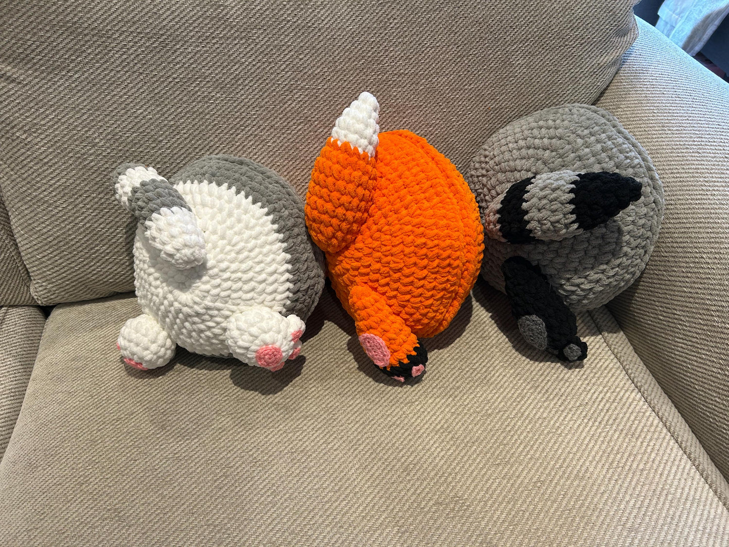 Animal Pillows Crochet Pattern: Bunny, Cat, Fox, Raccoon. PDF download, UK and US terms.