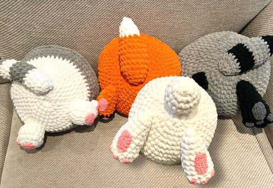 Animal Pillows Crochet Pattern: Bunny, Cat, Fox, Raccoon. PDF download, UK and US terms.