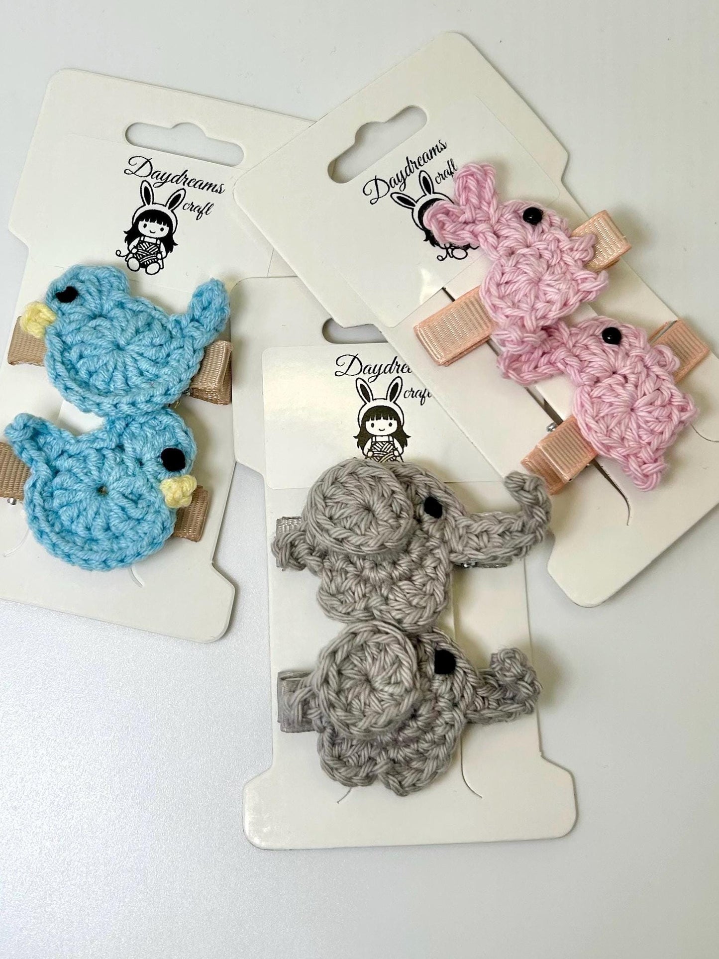 Crochet Hair Clips with Handmade Applique: Flowers or animals