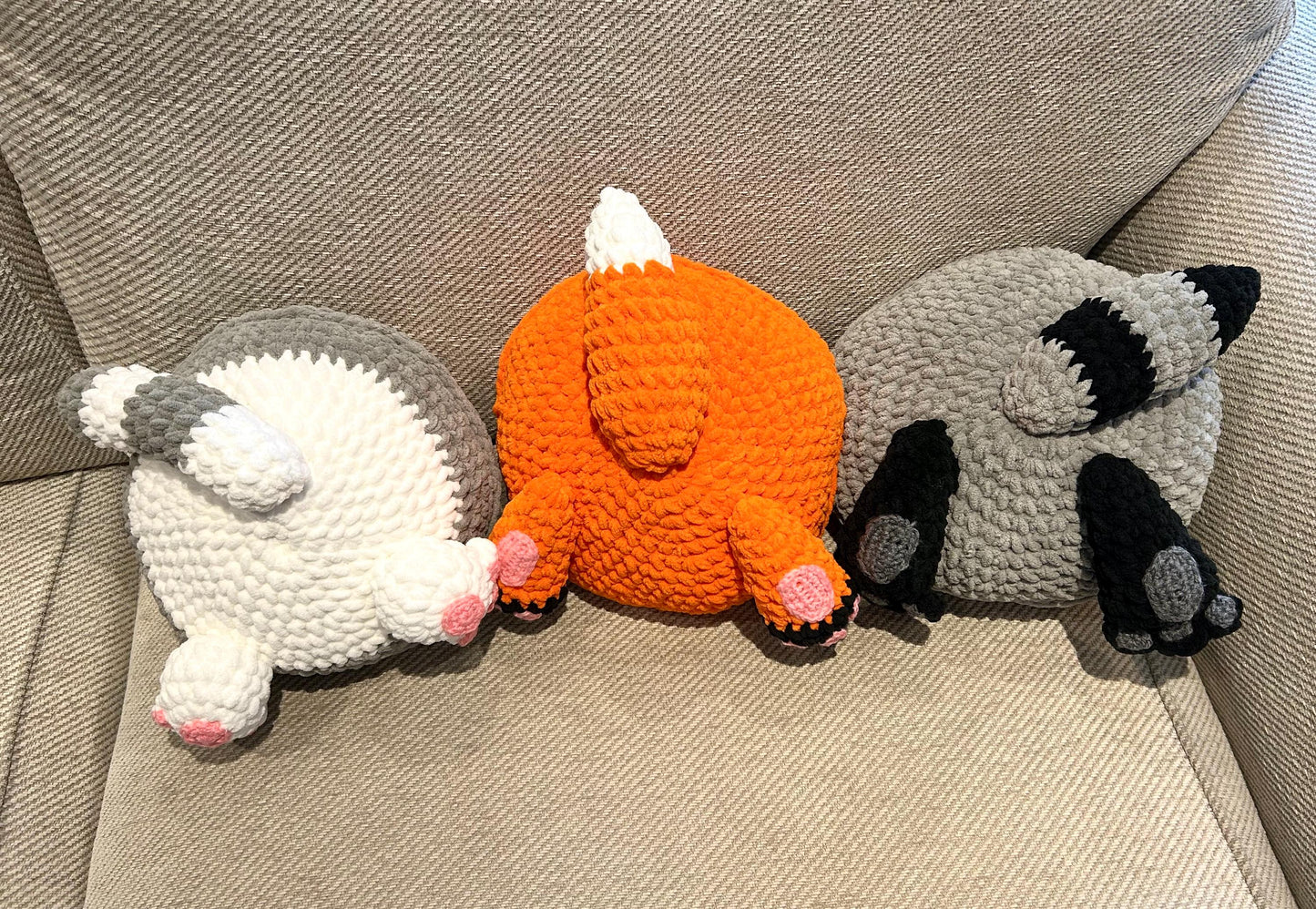 Animal Pillows Crochet Pattern: Bunny, Cat, Fox, Raccoon. PDF download, UK and US terms.