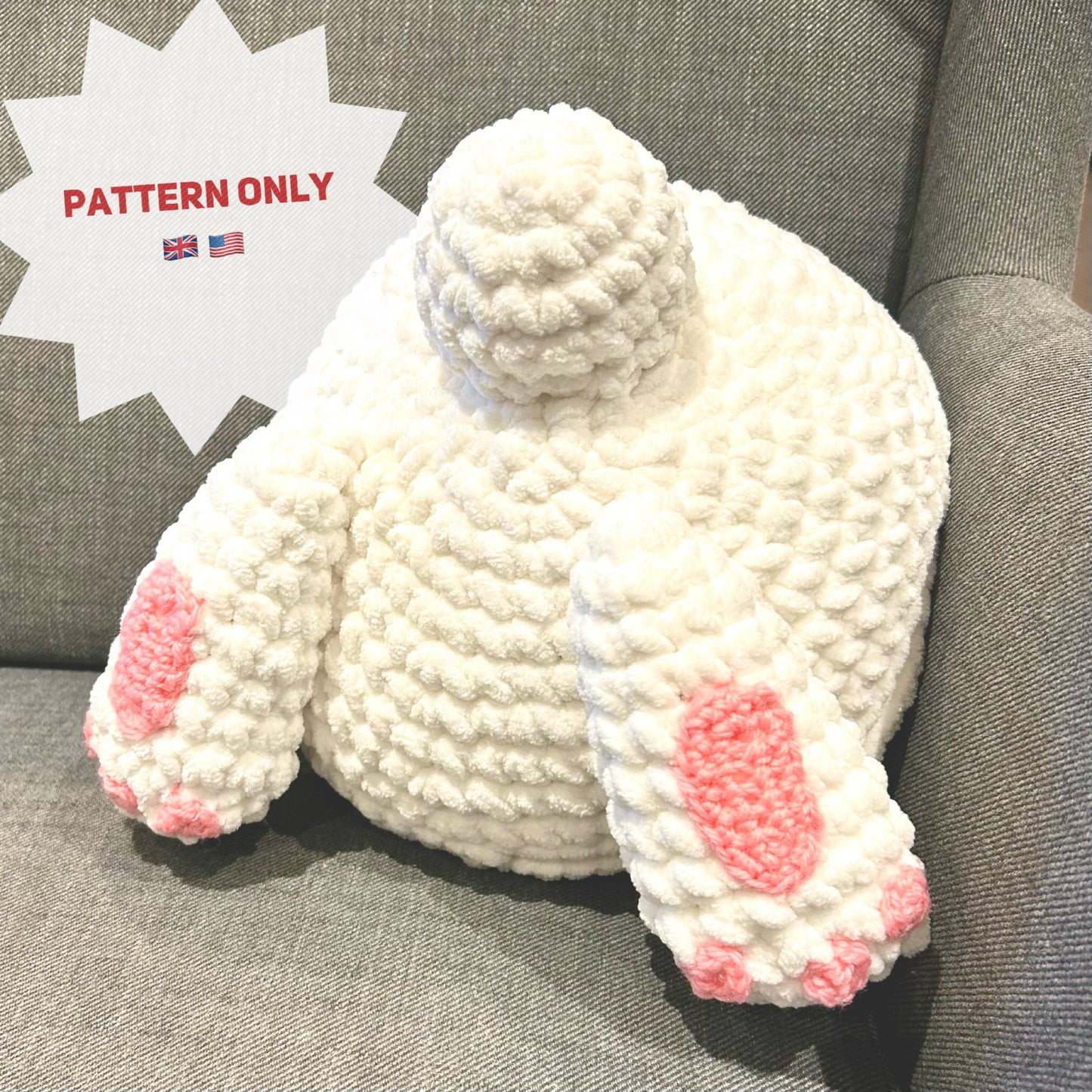 Bunny Bum pillow crochet pattern. PDF download, UK and US terms.