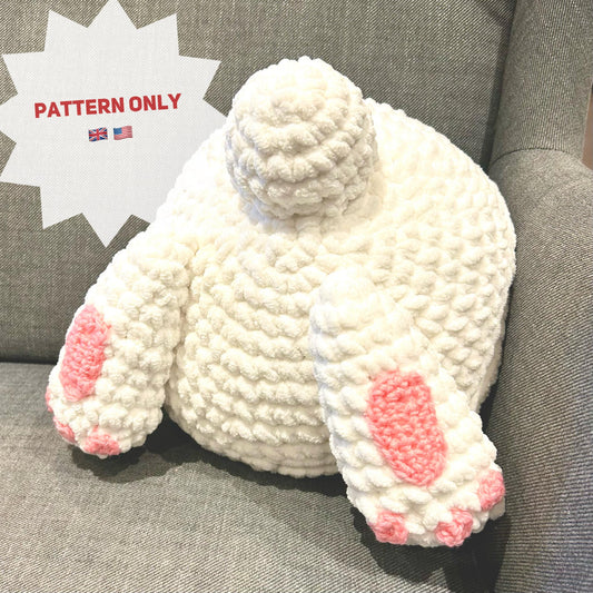 Bunny Bum pillow crochet pattern. PDF download, UK and US terms.