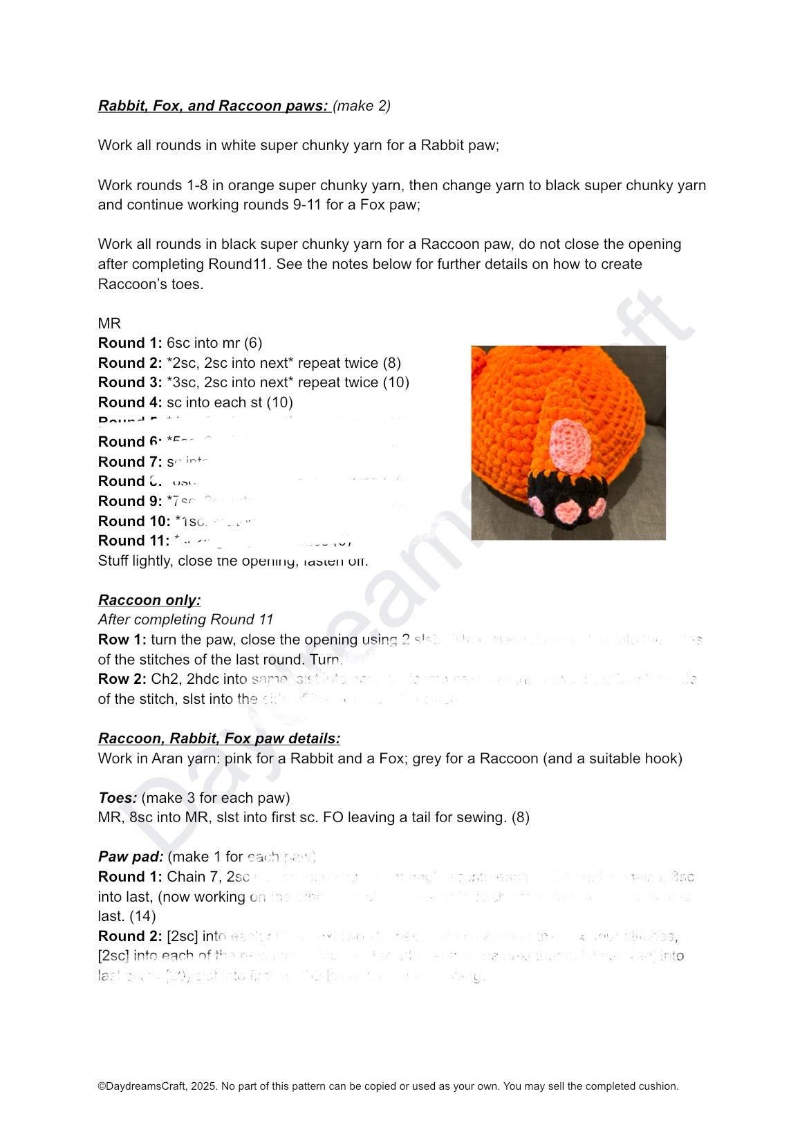 Animal Pillows Crochet Pattern: Bunny, Cat, Fox, Raccoon. PDF download, UK and US terms.