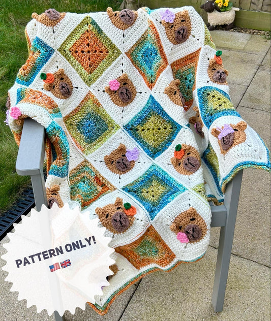 Capybara crochet blanket pattern. PDF download, UK and US terms. Bright colors.