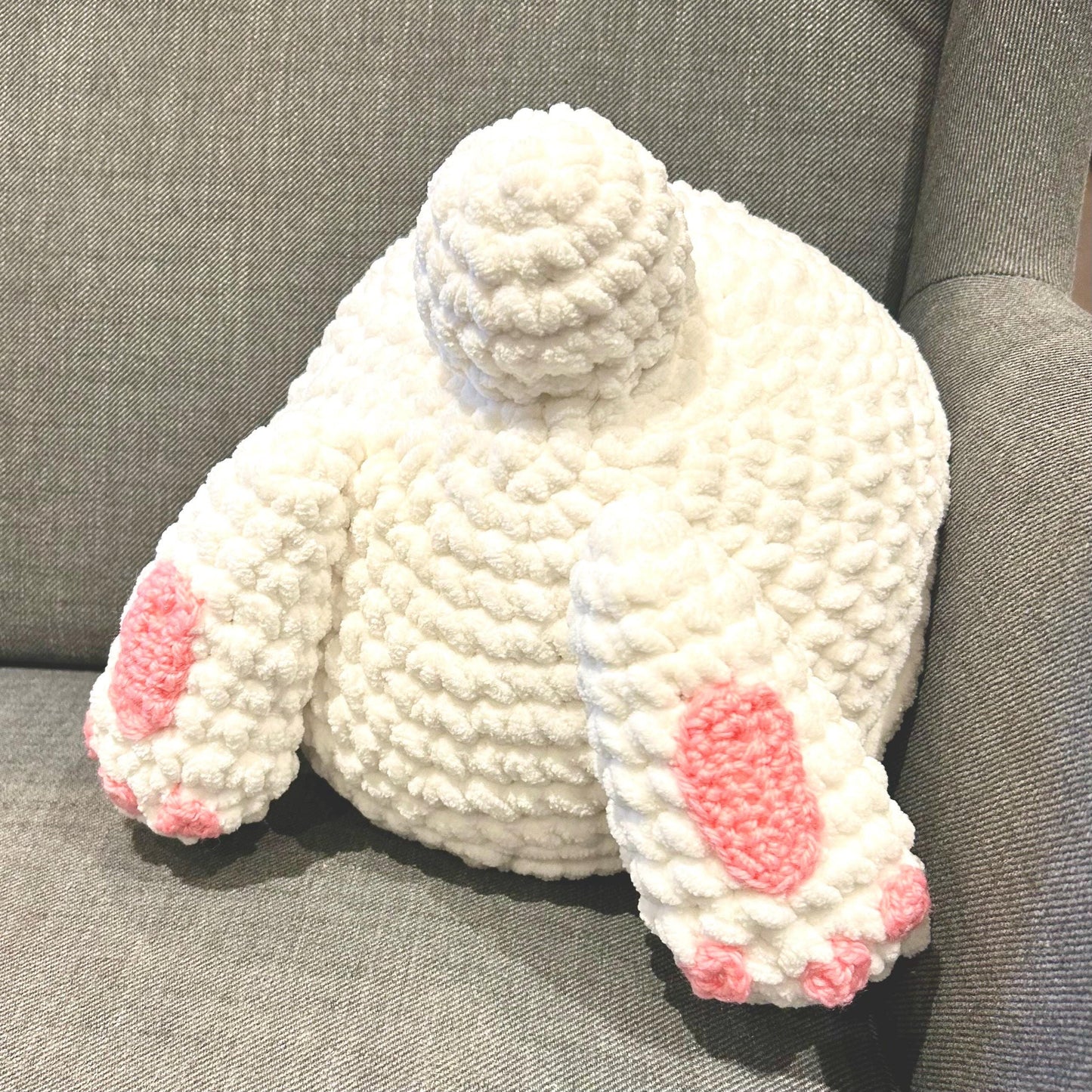 Bunny Bum pillow crochet pattern. PDF download, UK and US terms.