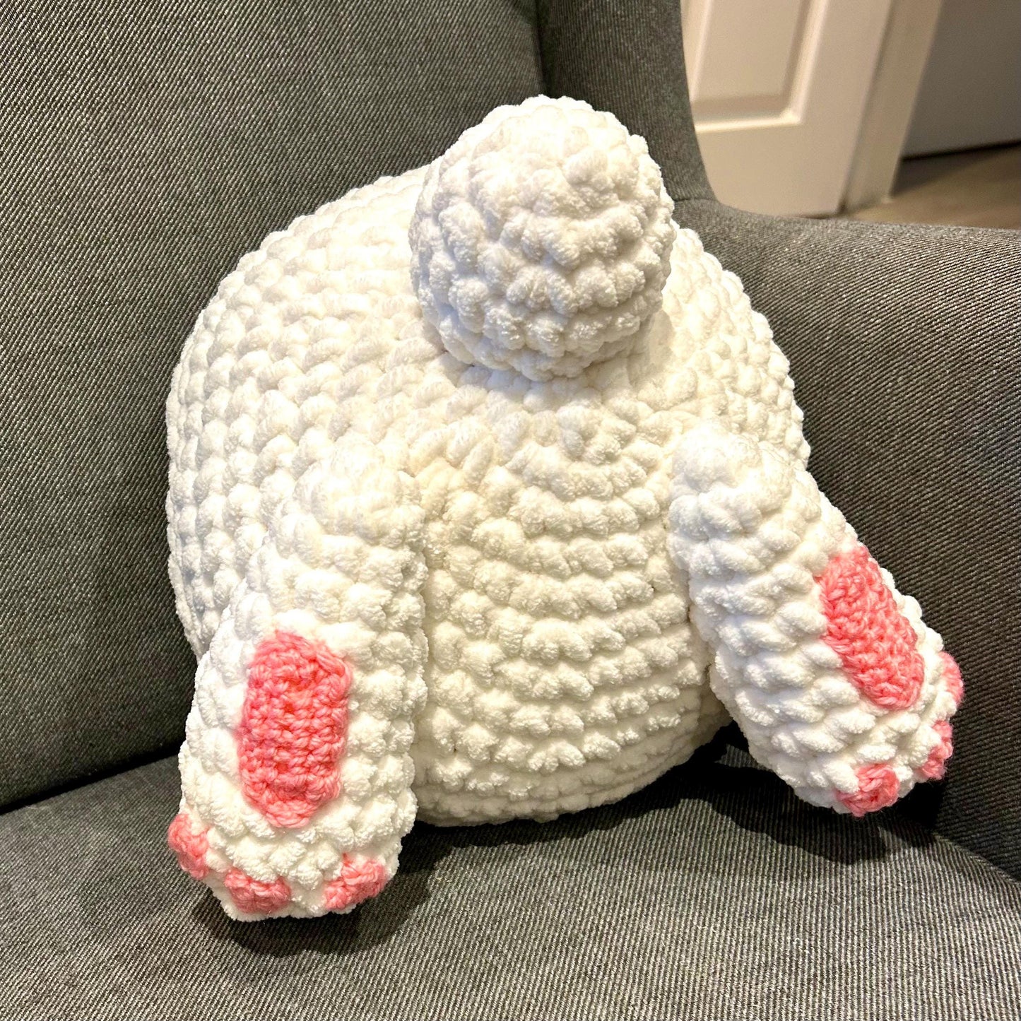 Bunny Bum pillow crochet pattern. PDF download, UK and US terms.