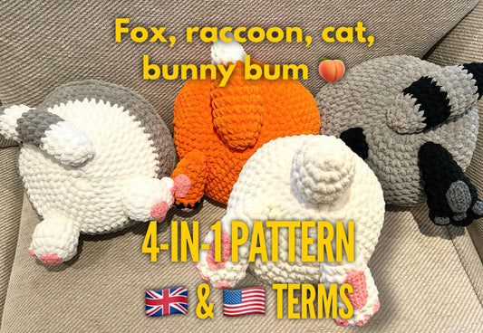 Animal Pillows Crochet Pattern: Bunny, Cat, Fox, Raccoon. PDF download, UK and US terms.