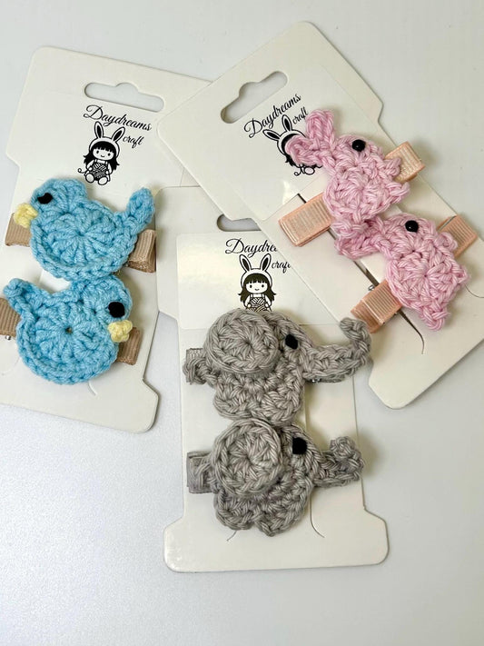 Crochet Hair Clips with Handmade  Applique: Flowers or animals