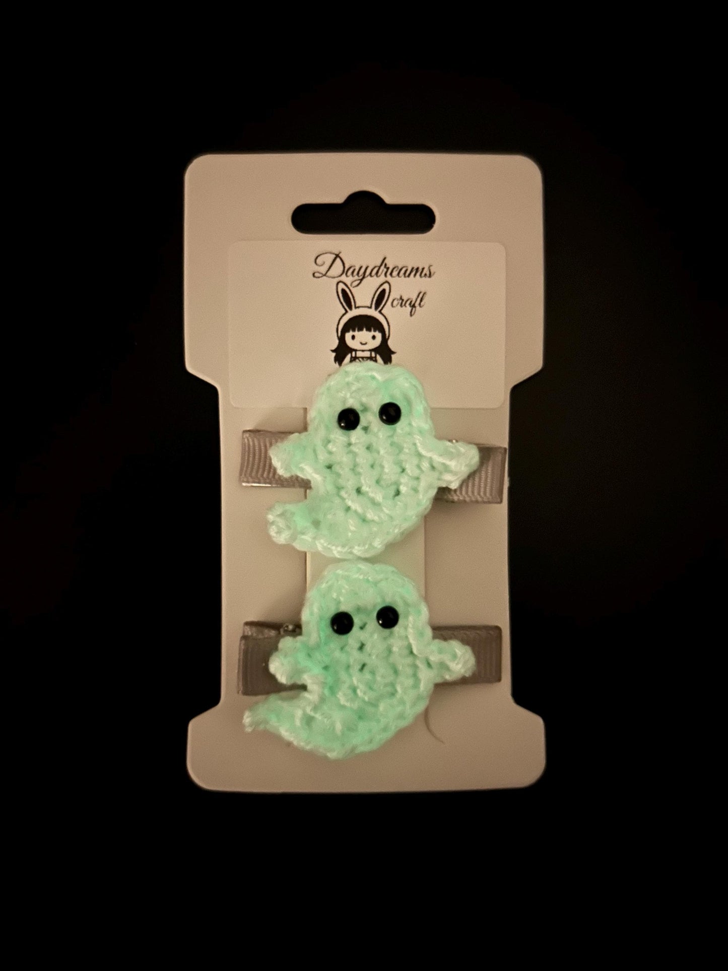 Halloween hair clips. Witch hat and pumpkin; glow in the dark ghosts.
