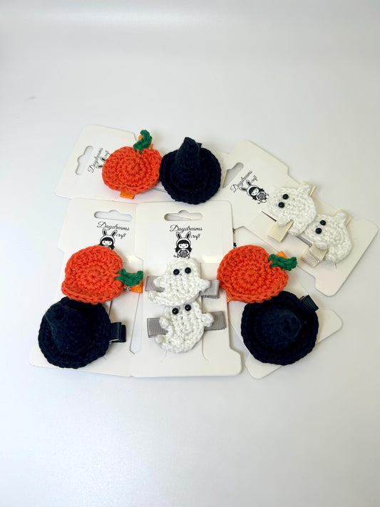 Halloween hair clips. Witch hat and pumpkin; glow in the dark ghosts.
