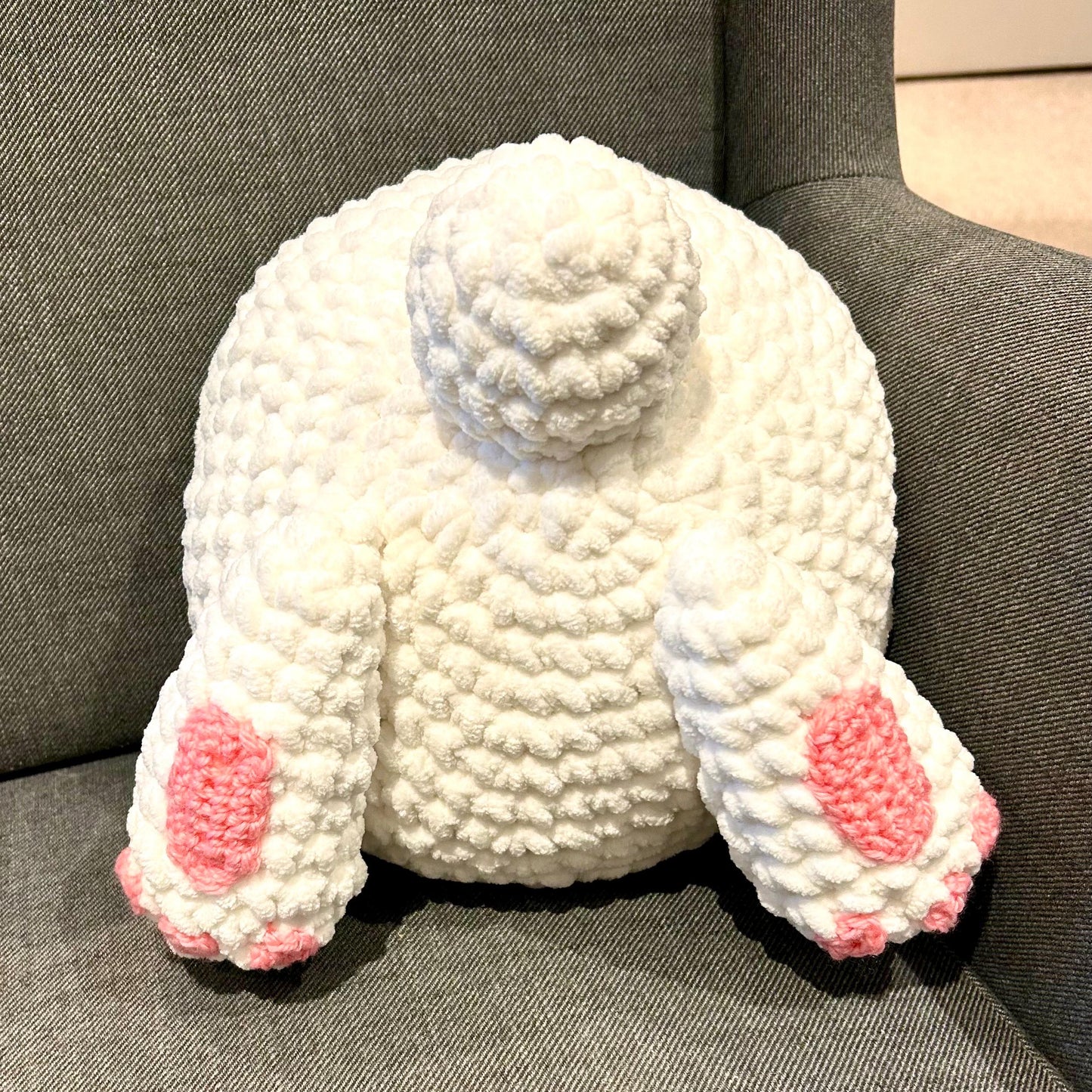 Bunny Bum pillow crochet pattern. PDF download, UK and US terms.