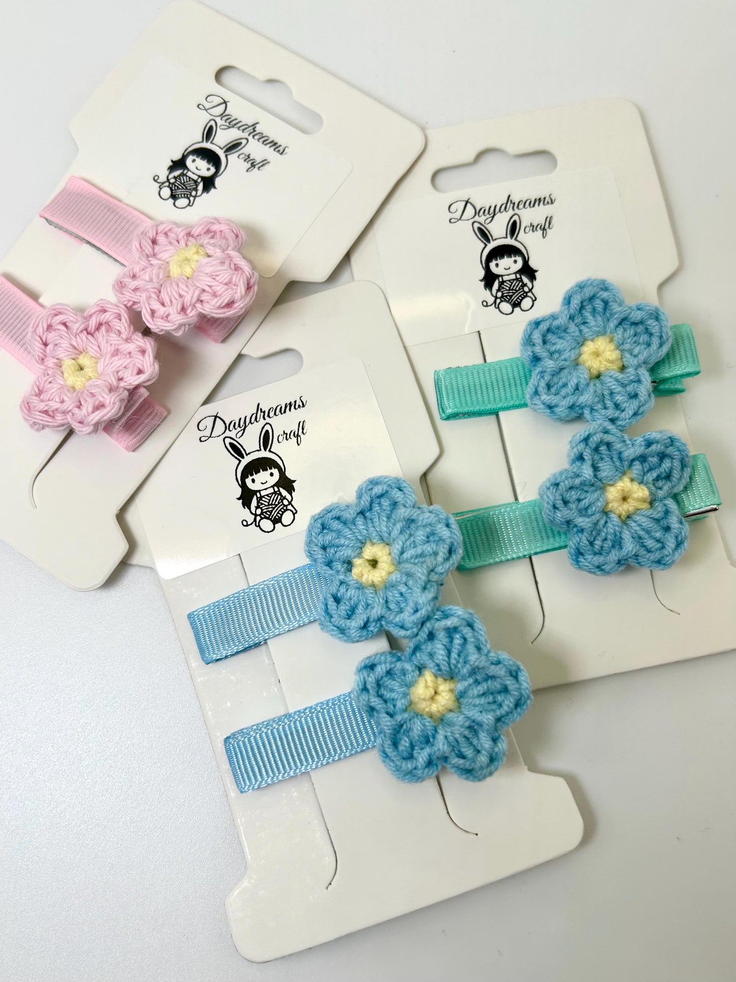 Crochet Hair Clips with Handmade  Applique: Flowers or animals