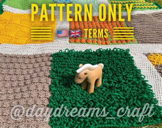Farm Playmat crochet pattern. PDF download, UK and US terms.